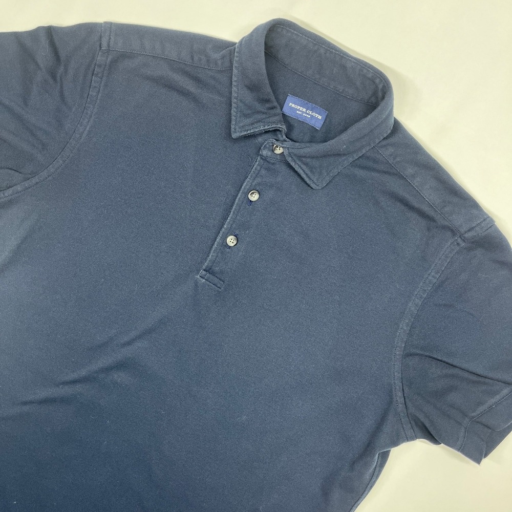 Proper Cloth Mens Navy Blue Pique Short Sleeve Polo Shirt Size L Preppy Classic